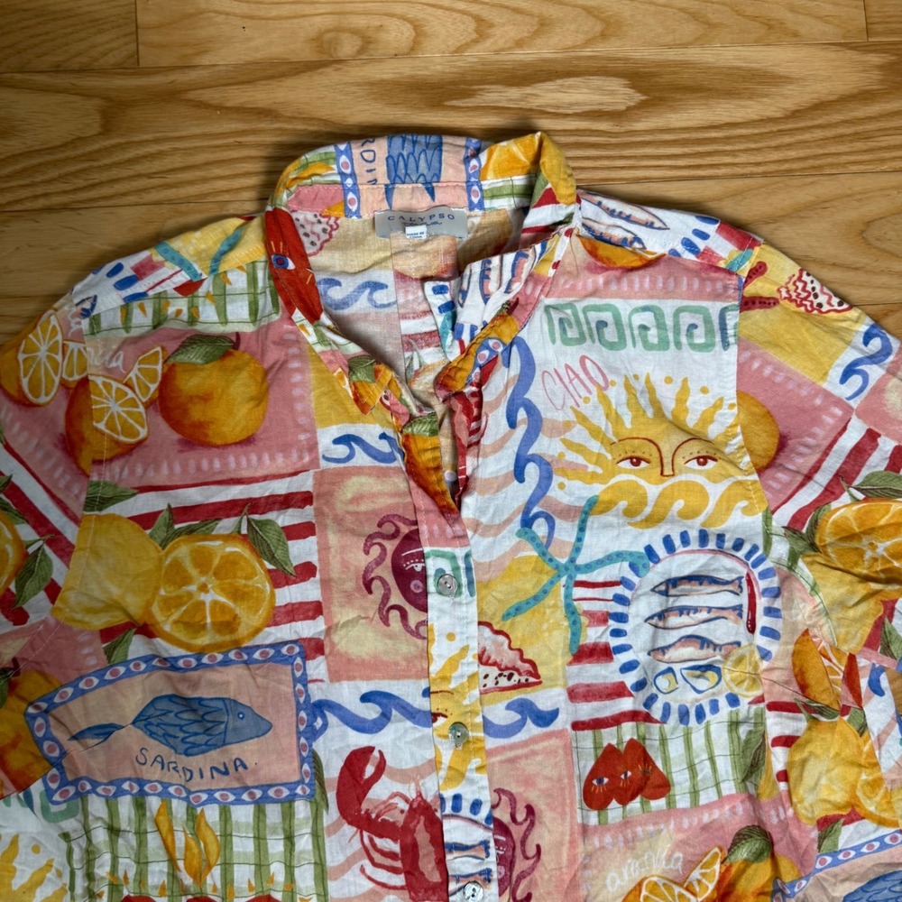 Calypso St. Barth Mediterranean Print Linen Blend Button Down Women's XL Novelty